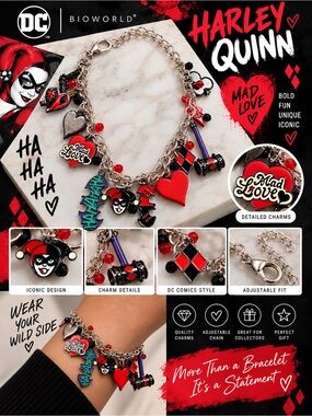 DC Comics Harley Quinn Bioworld Mad Love Charm Bracelet HTF
